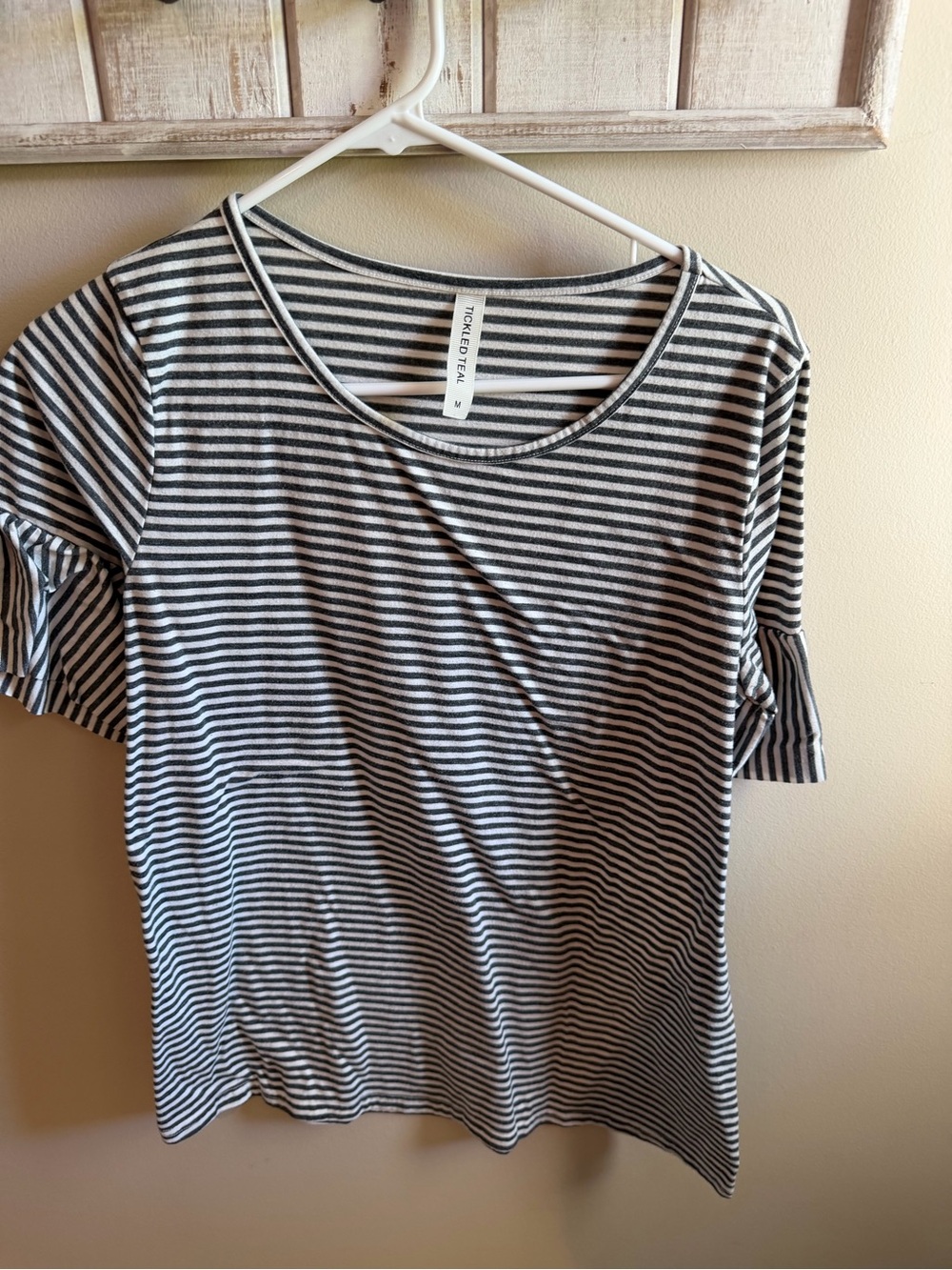 Tickled Teal Black and White Striped Short Sleeve Top